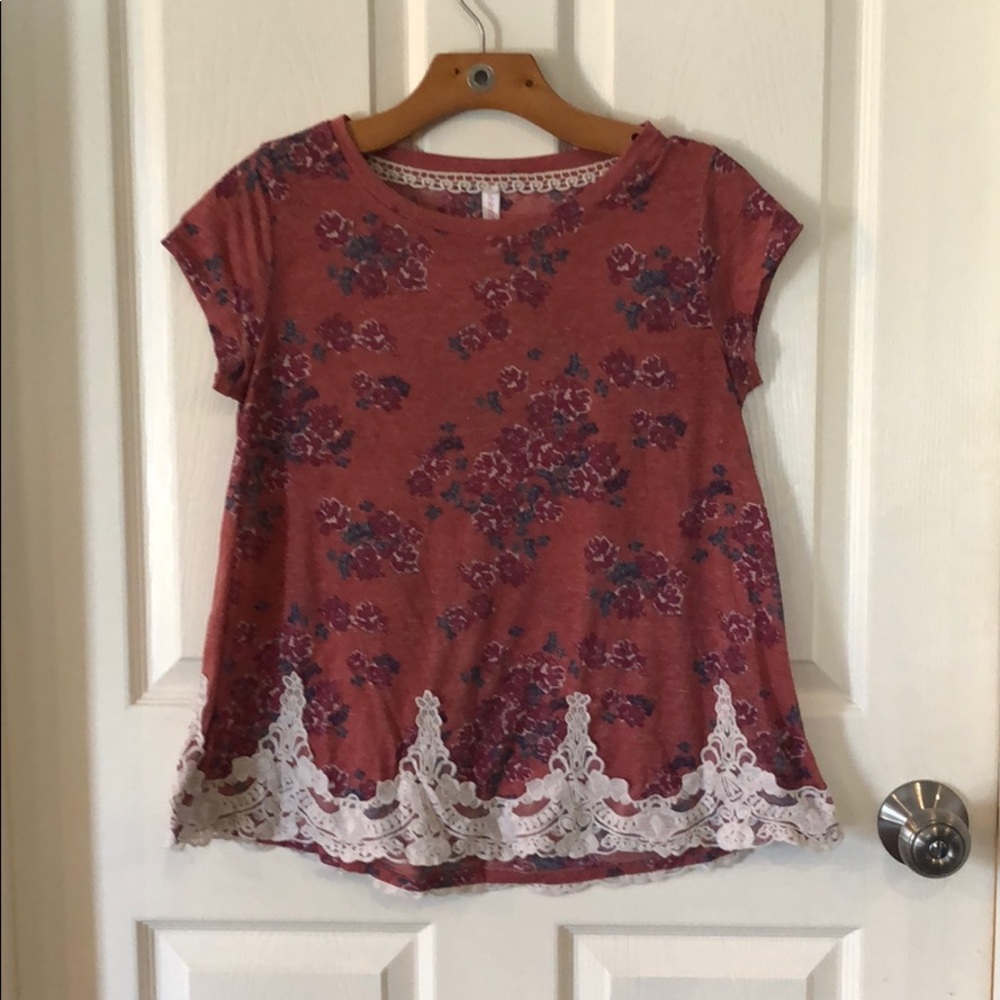 Pink Floral Shirt with Lace Trim